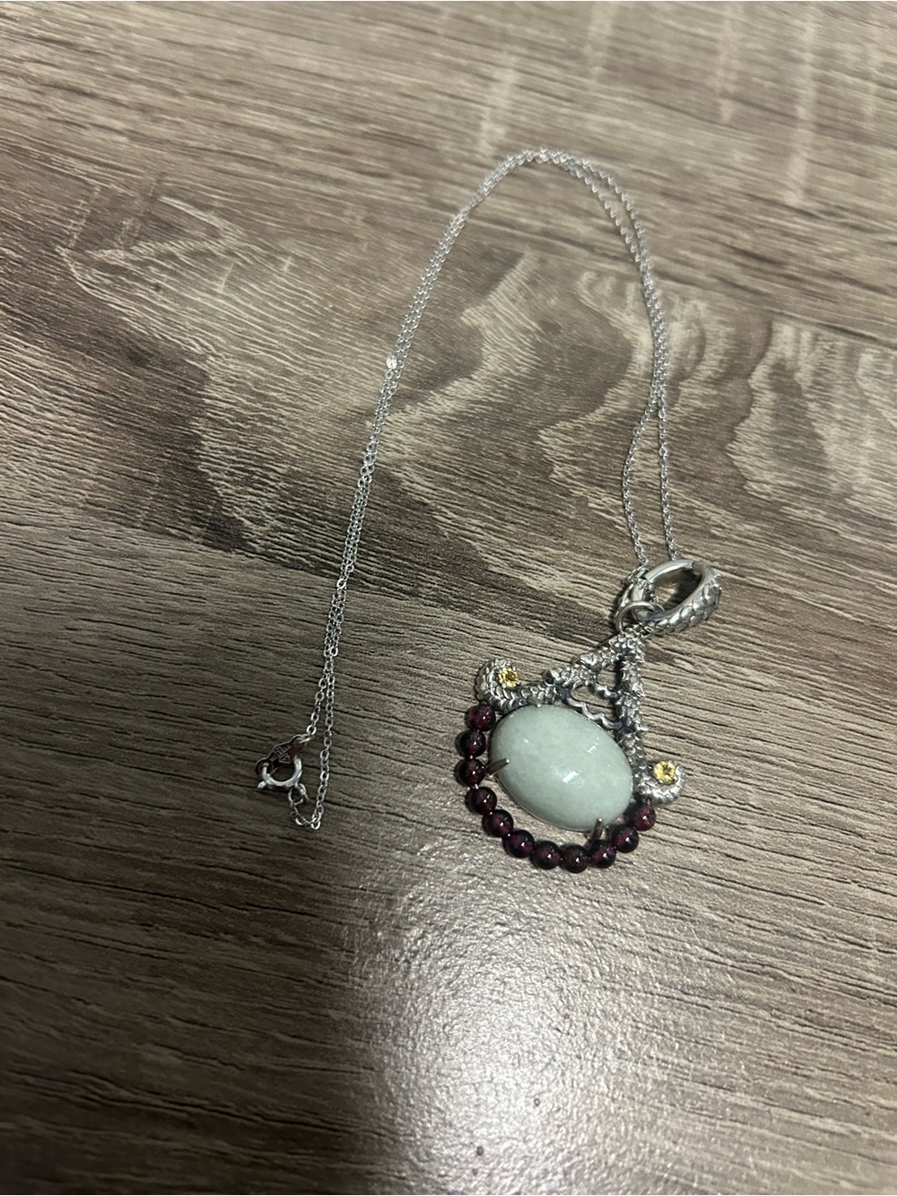 Jade yesteryear Sterling Silver Pendant Necklace Dragon citrine garnet Accents